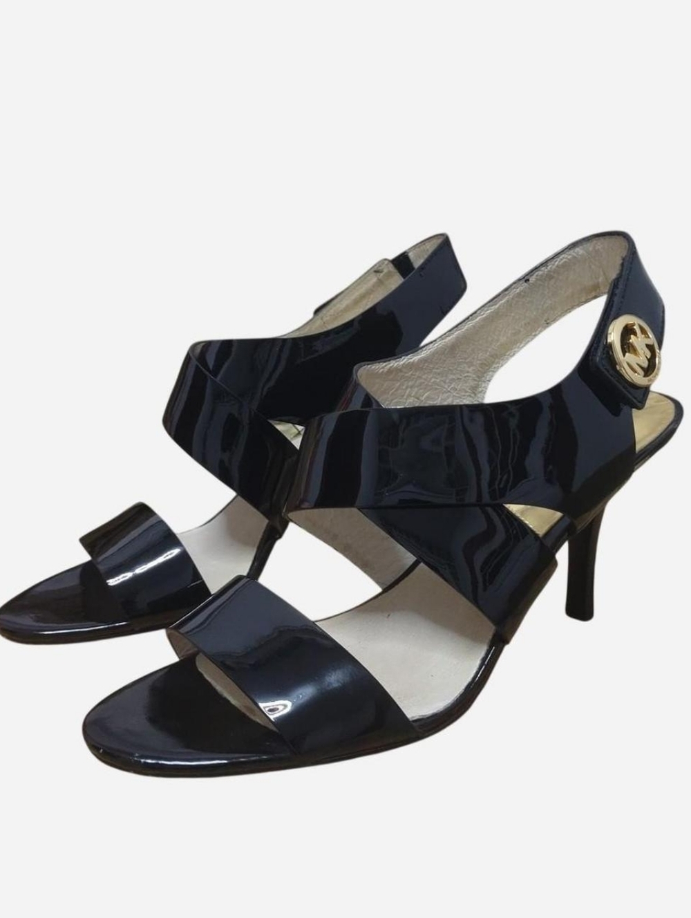 Black Patent Leather Strappy Heels with Gold Logo Accent Size 8 M